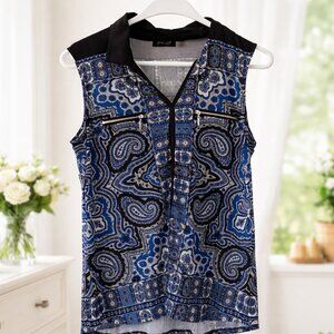 FYLO Blue Paisley Sleeveless Zip Front Blouse L